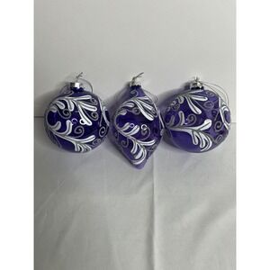 Sullivan Gift Set of‎ 3 Purple Glass Ornaments Silver Swirl Design